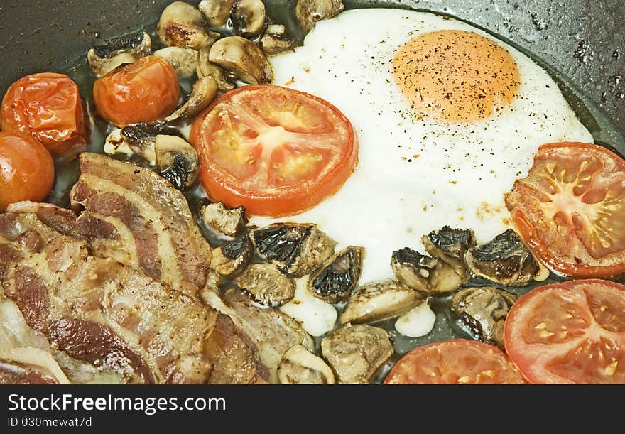 A macro image of a non-stick frying pan with egg, tomato, bacon and mushrooms. An image of a big breakfast. A macro image of a non-stick frying pan with egg, tomato, bacon and mushrooms. An image of a big breakfast.