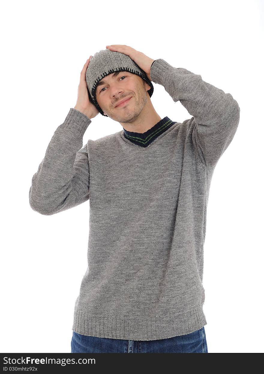 Handsome Casual Man In Winter Hat And Warm Clothes