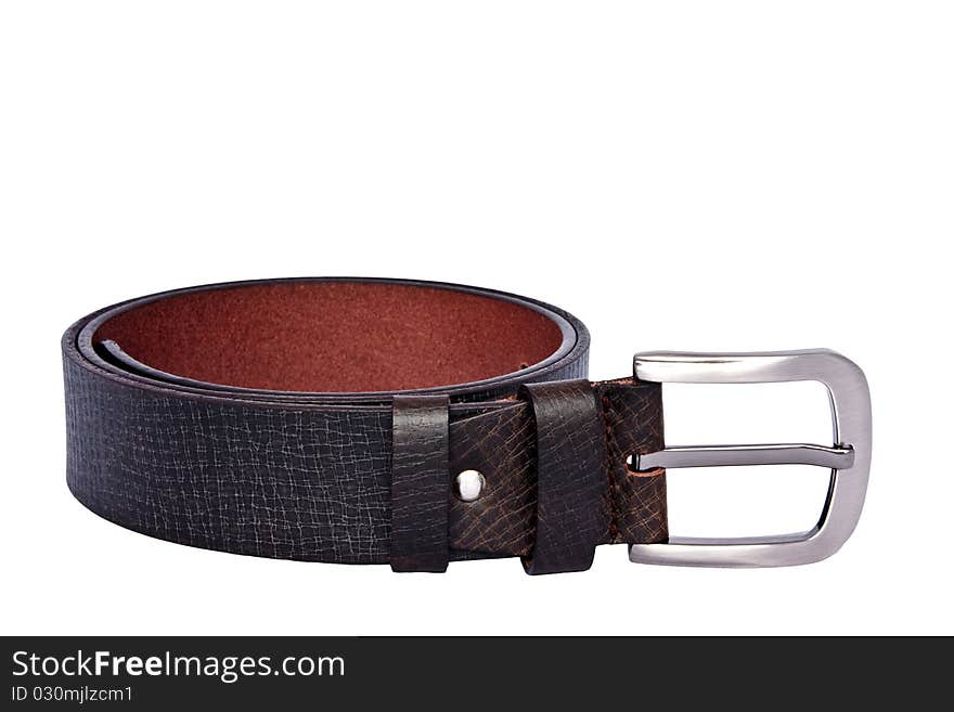 Black men's leather belt on white background. Black men's leather belt on white background