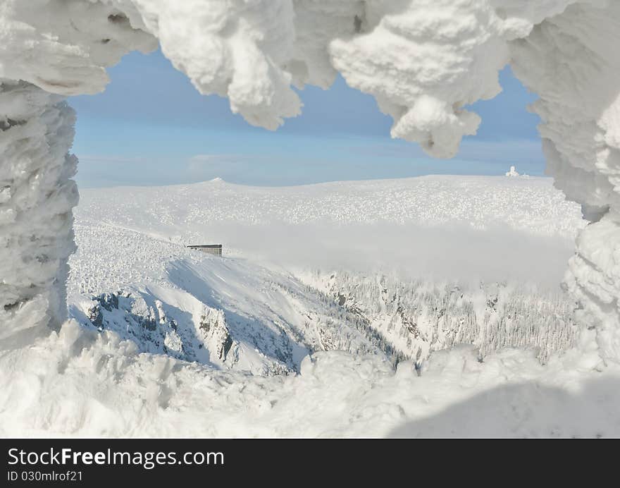 Snow covered landscape with trees and chalet Labska bouda in Krkonose montain. Snow covered landscape with trees and chalet Labska bouda in Krkonose montain