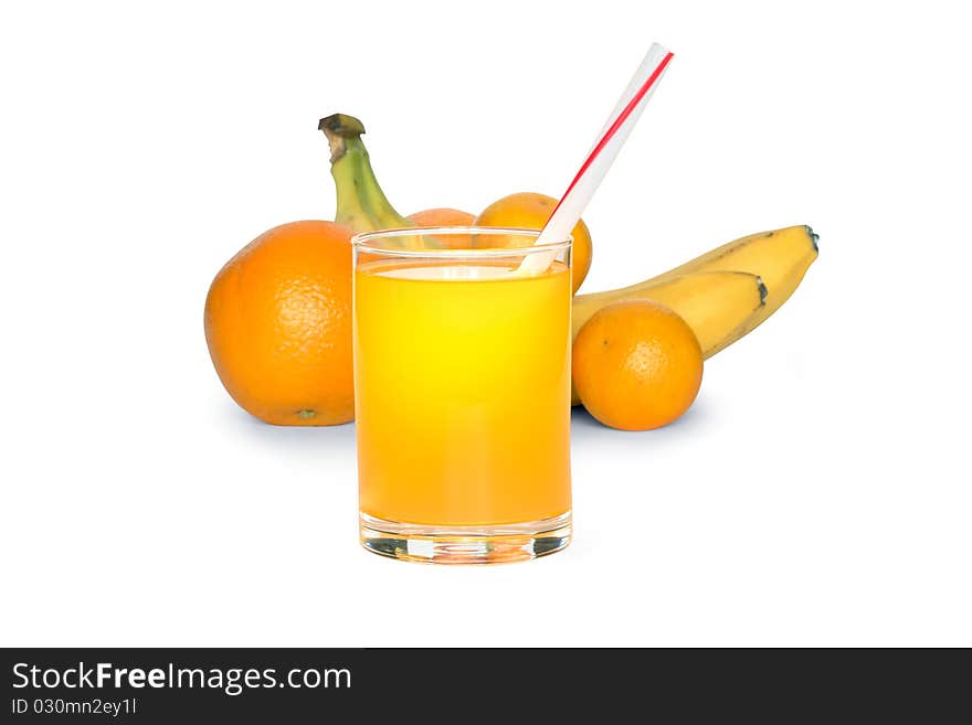 Glass of juice on white background with various fruits. Clipping path included. Glass of juice on white background with various fruits. Clipping path included