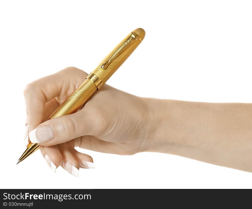 Woman hand hold pen on white isolated