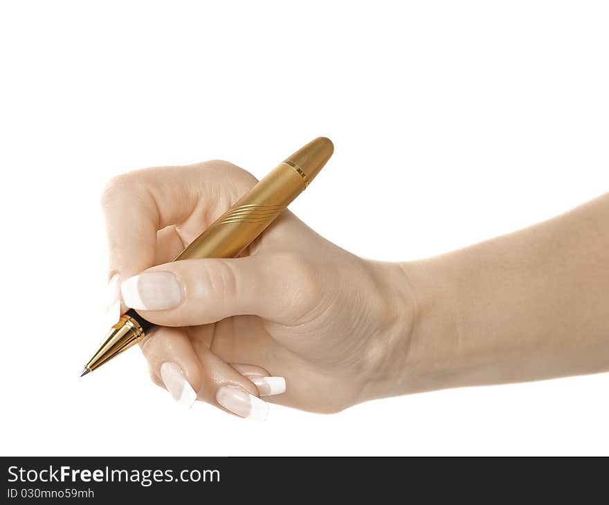 Woman hand hold pen on white isolated