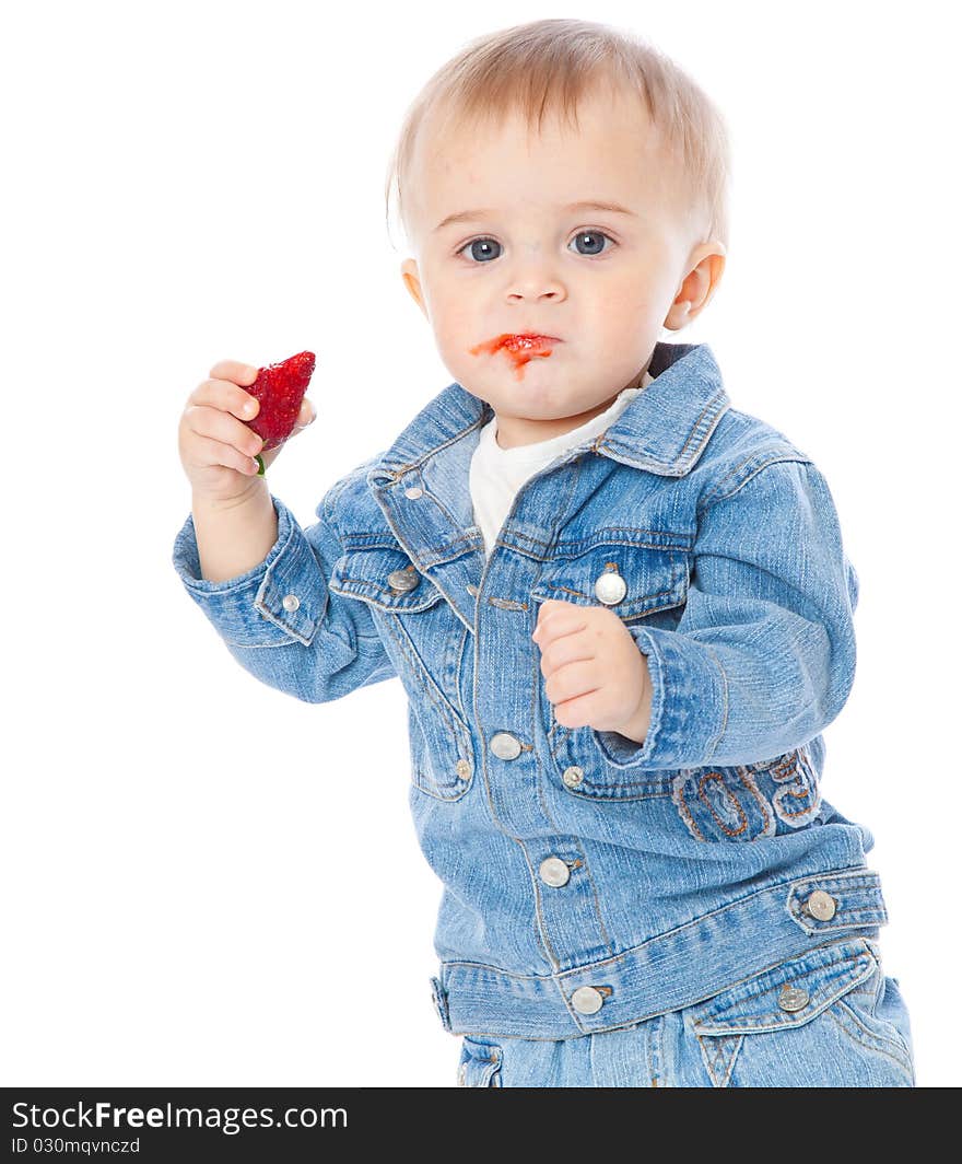 Boy with strawberry. Isolated on white background