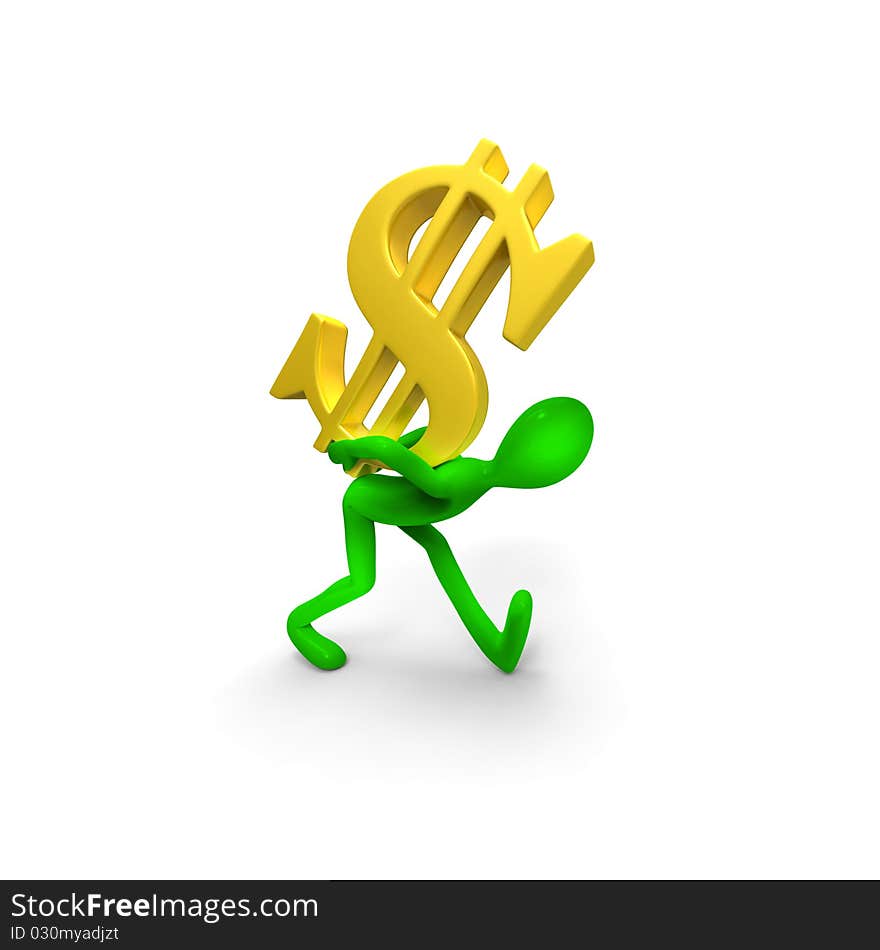 Green man and the dollar isolated on white background. 3d render