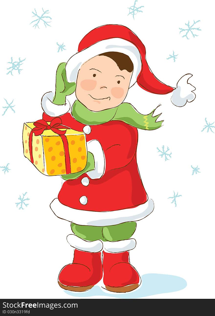 Christmas Dwarf holding present, hand drawn, artistic. Vector illustration