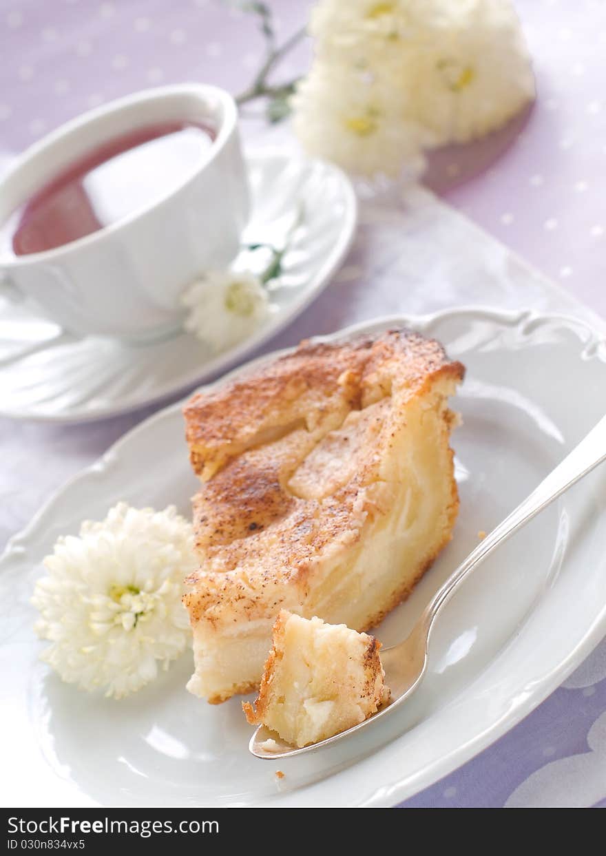 Slice of apple pie and cup of tea. Slice of apple pie and cup of tea