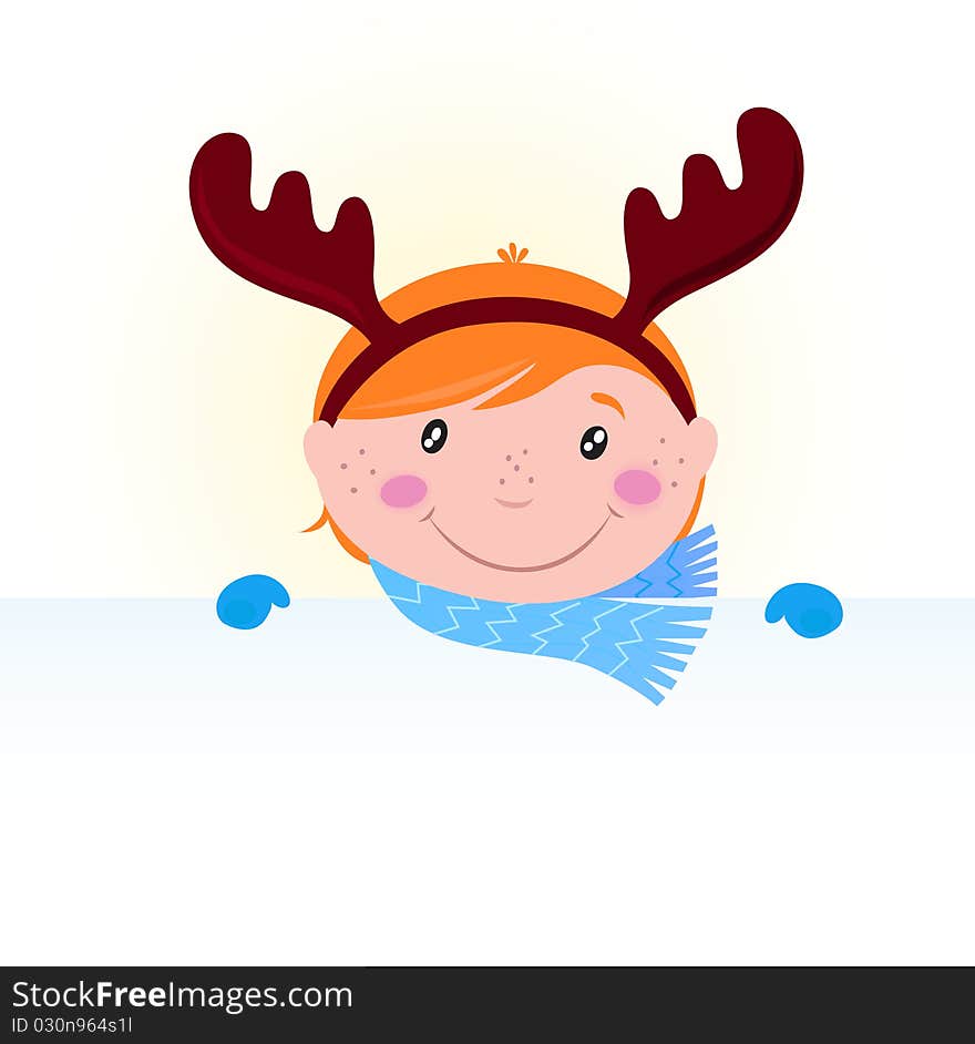 Christmas kid in reindeer costume with banner