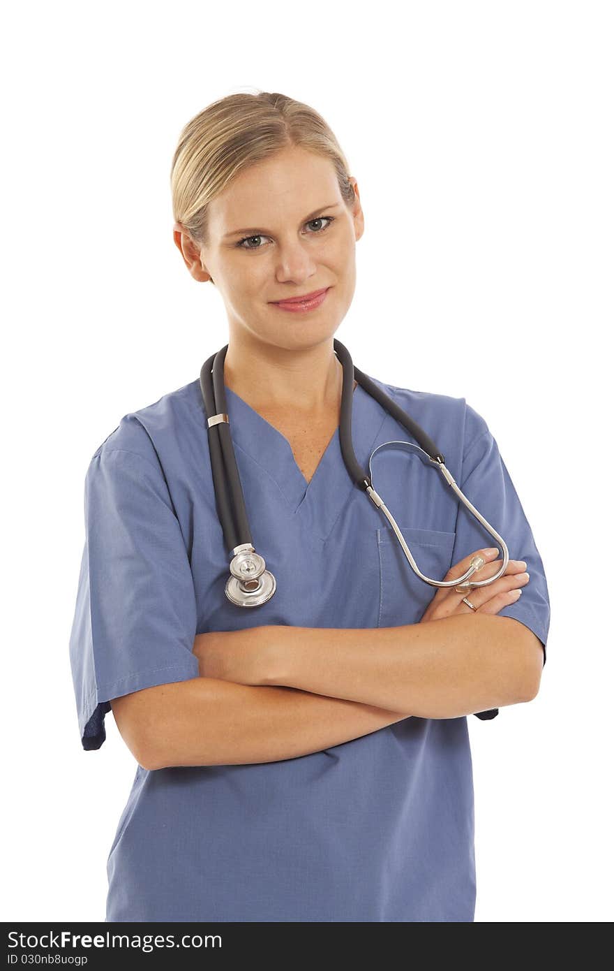 Portrait of young female nurse in scrubs with stethoscope