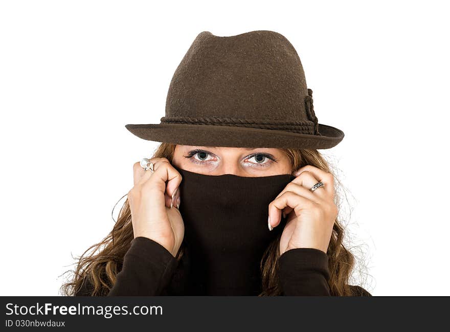 In the photo beautiful young girl on a white background