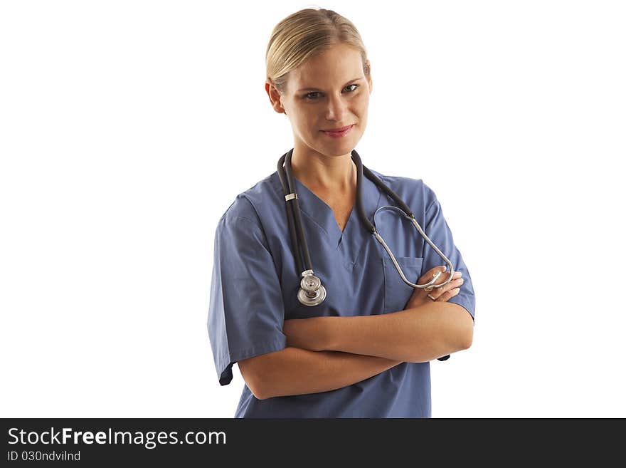 Portrait of young female nurse in scrubs with stethoscope