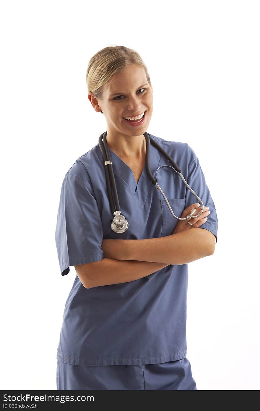 Portrait of young female nurse in scrubs with stethoscope