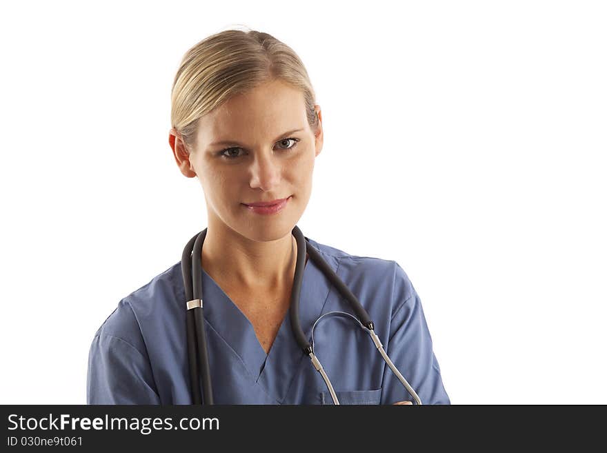 Portrait of young female nurse in scrubs with stethoscope