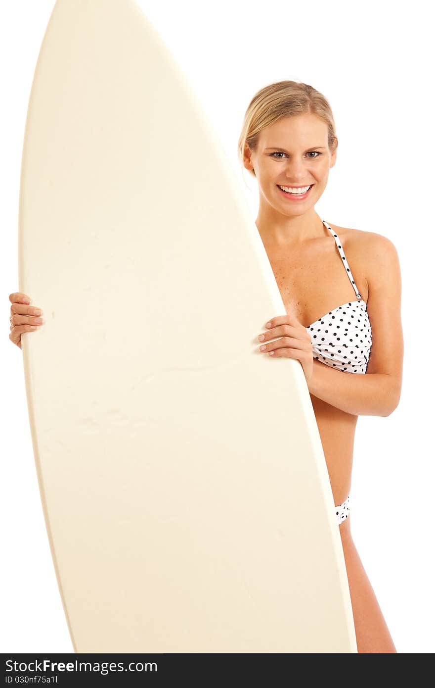 Close up portrait of young woman holding surfboard. Close up portrait of young woman holding surfboard