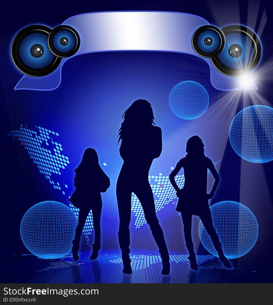 Fashion Party on blue background with girls shapes