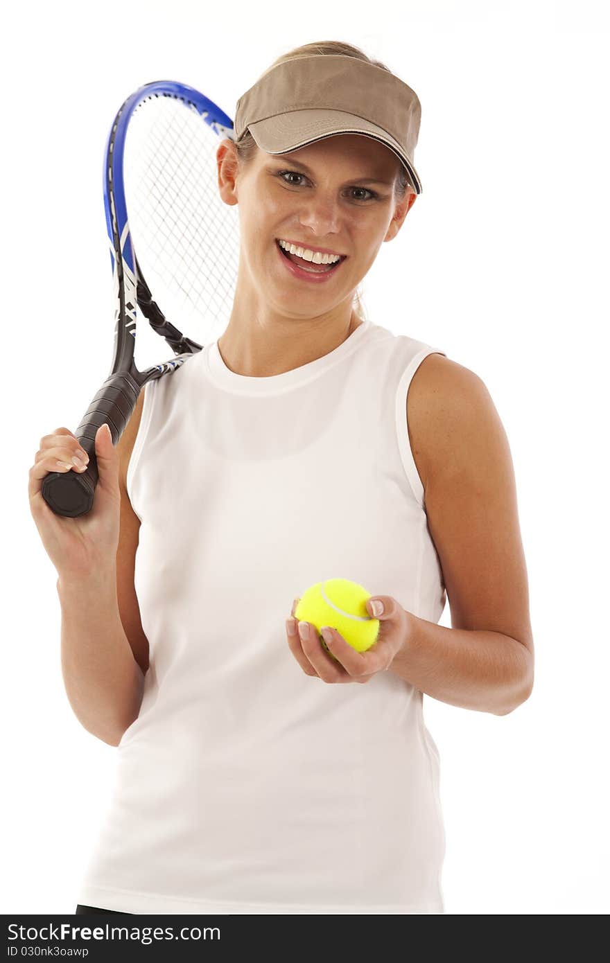 Young Woman With Tennis Racket And Ball