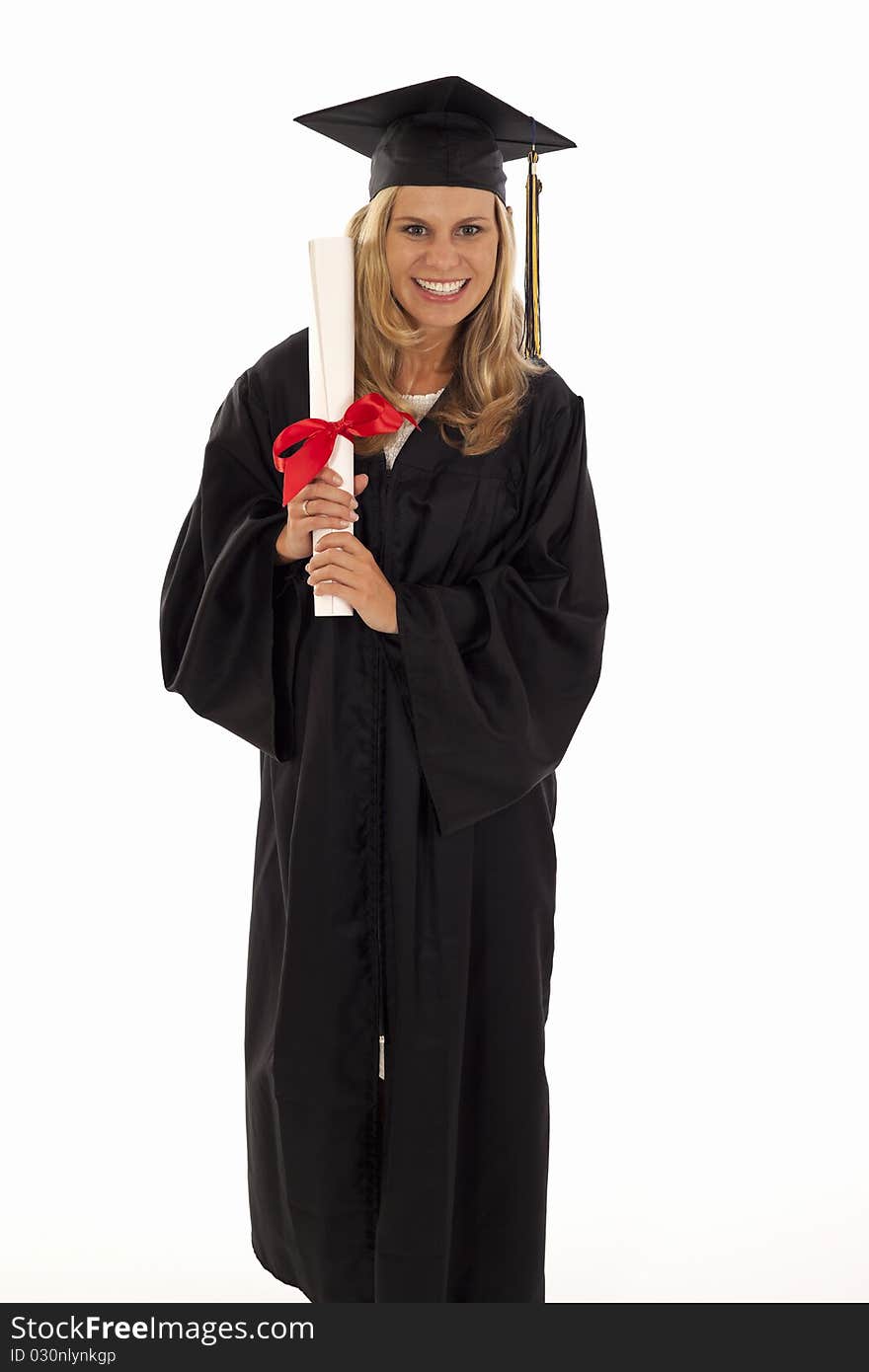 Young woman with graduation gown and diploma. Young woman with graduation gown and diploma