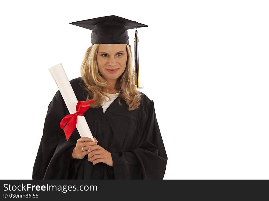 Young woman with graduation gown and diploma. Young woman with graduation gown and diploma