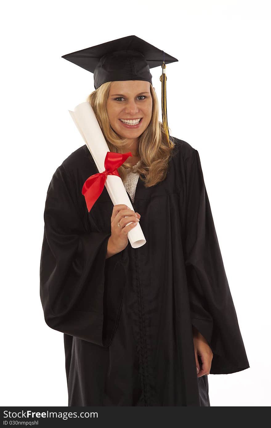 Young woman with graduation gown and diploma. Young woman with graduation gown and diploma