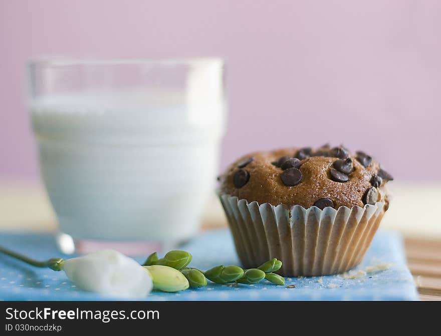 Glass of milk and cupcake