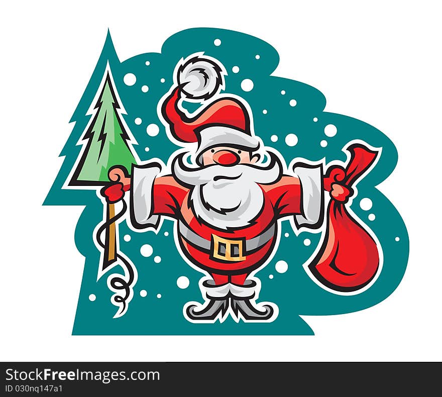 Santa Claus with a bag of gifts and tree. Santa Claus with a bag of gifts and tree