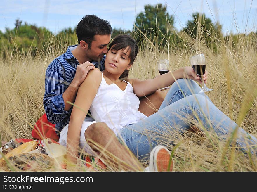 Happy couple enjoying countryside picnic