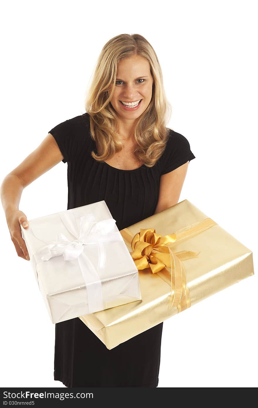 Young woman in black holding elegant gold and silver presents. Young woman in black holding elegant gold and silver presents