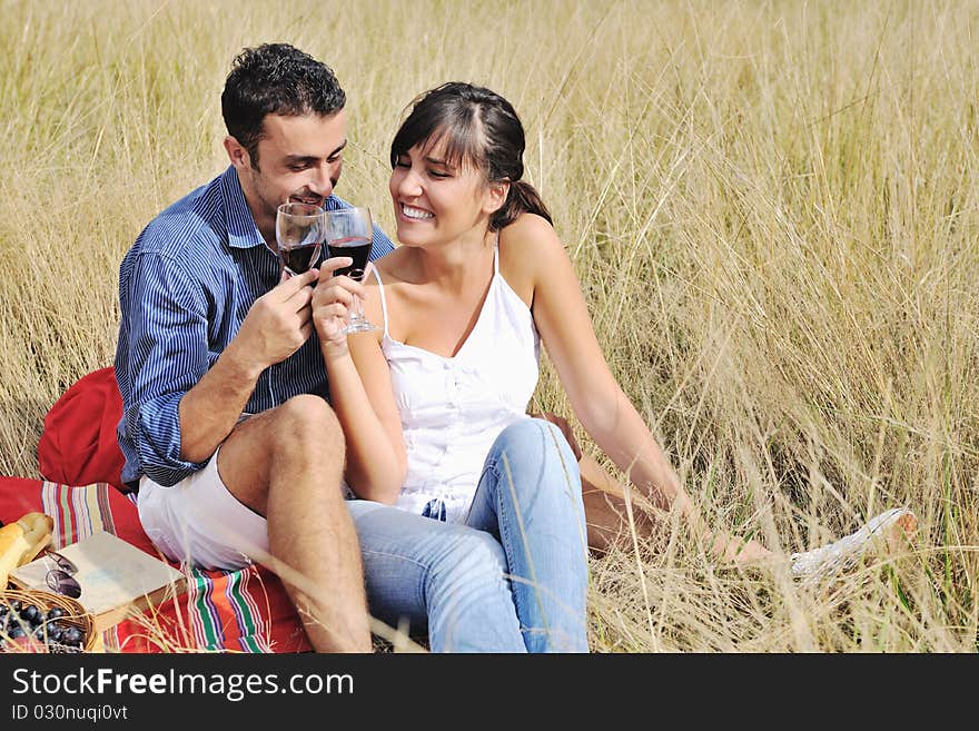 Happy couple enjoying countryside picnic