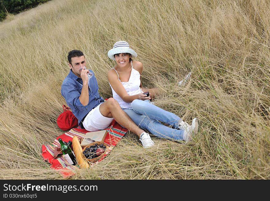 Happy couple enjoying countryside picnic