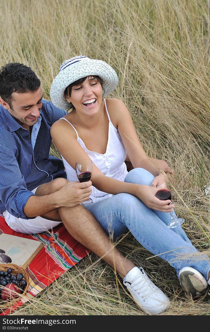 Happy couple enjoying countryside picnic