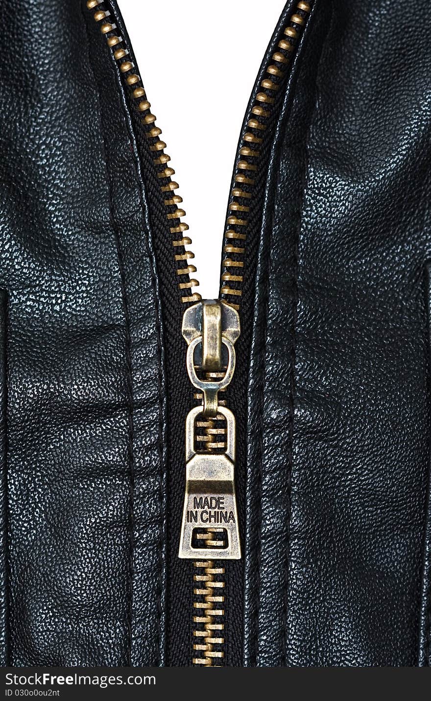 Metal zip and texture of artificial leather. Metal zip and texture of artificial leather