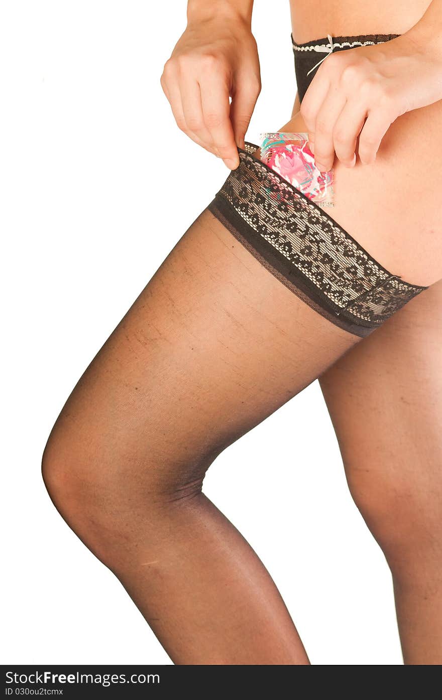 Women`s hands puttinig condom in pantyhose