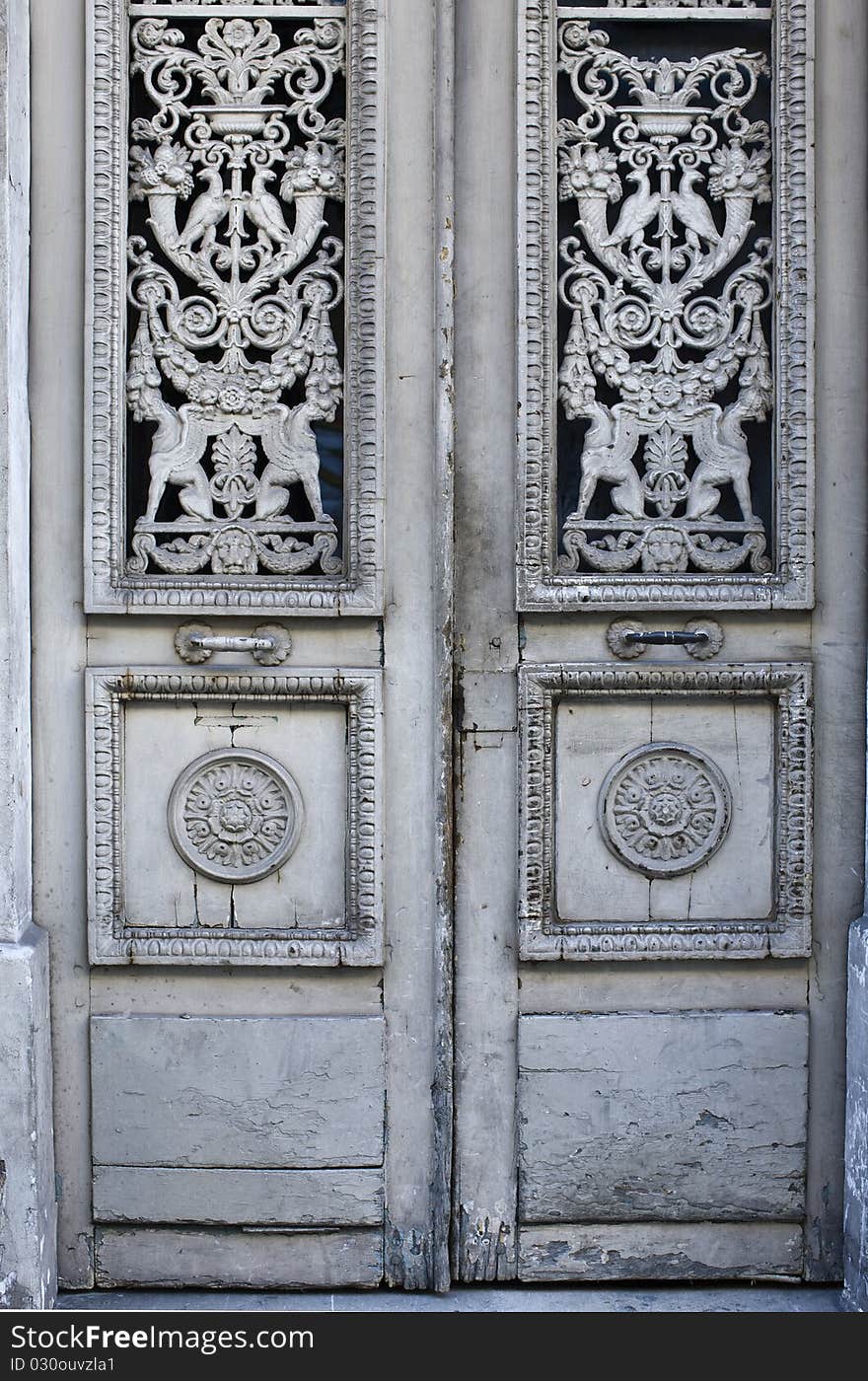 Front view of a set of old doors in Europe