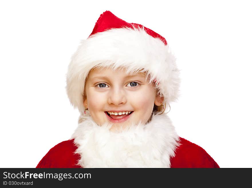 Small girl dressed as santa claus smiles happy into camera. Isolated on white background. Small girl dressed as santa claus smiles happy into camera. Isolated on white background.