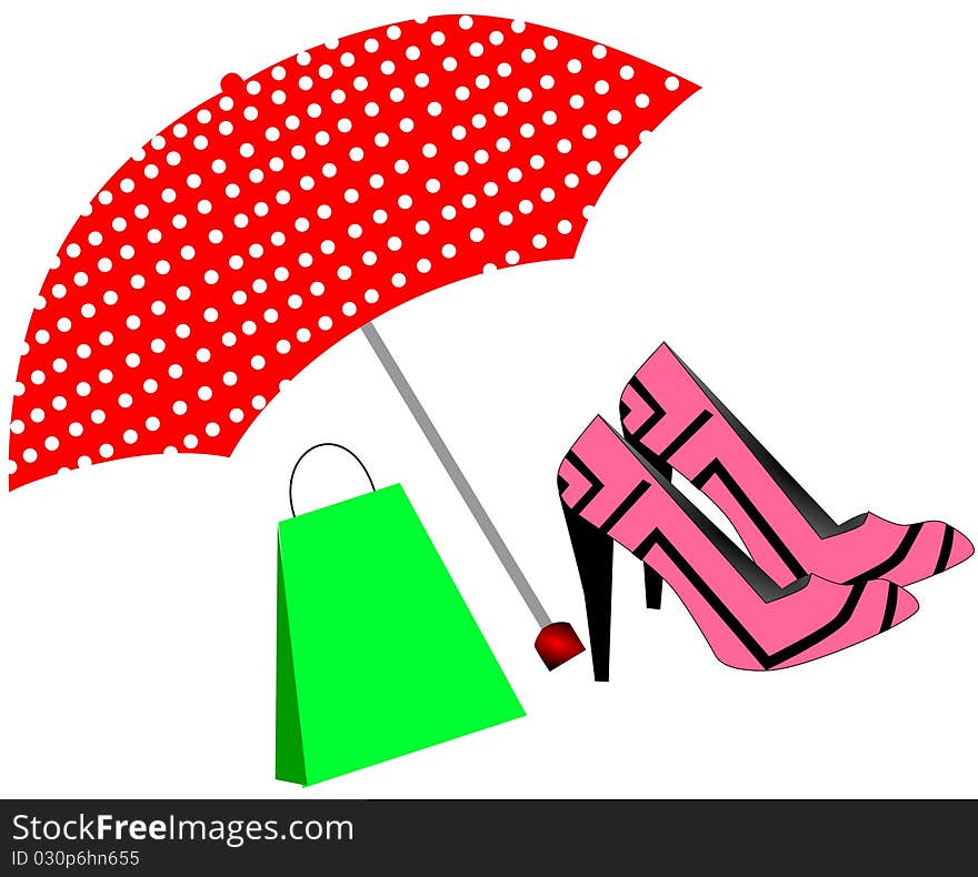 Pink shoes and bag under the umbrella