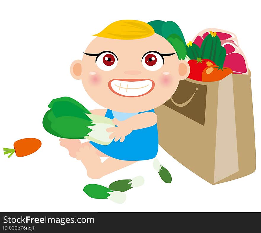 Vector illustration of baby playing cabbage. Vector illustration of baby playing cabbage