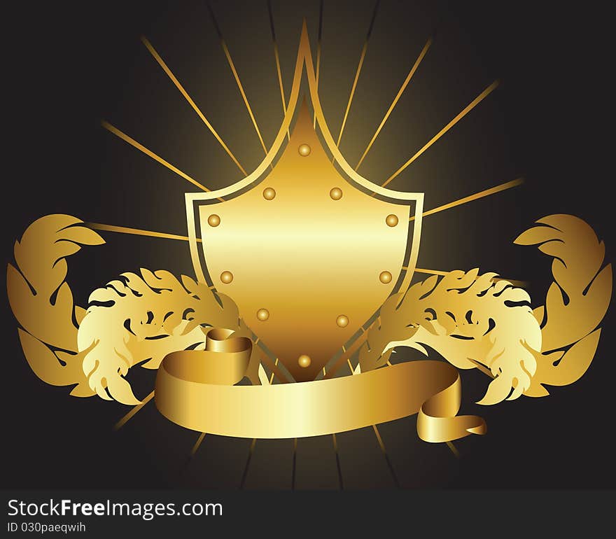 Gold shield and ribbon on black background