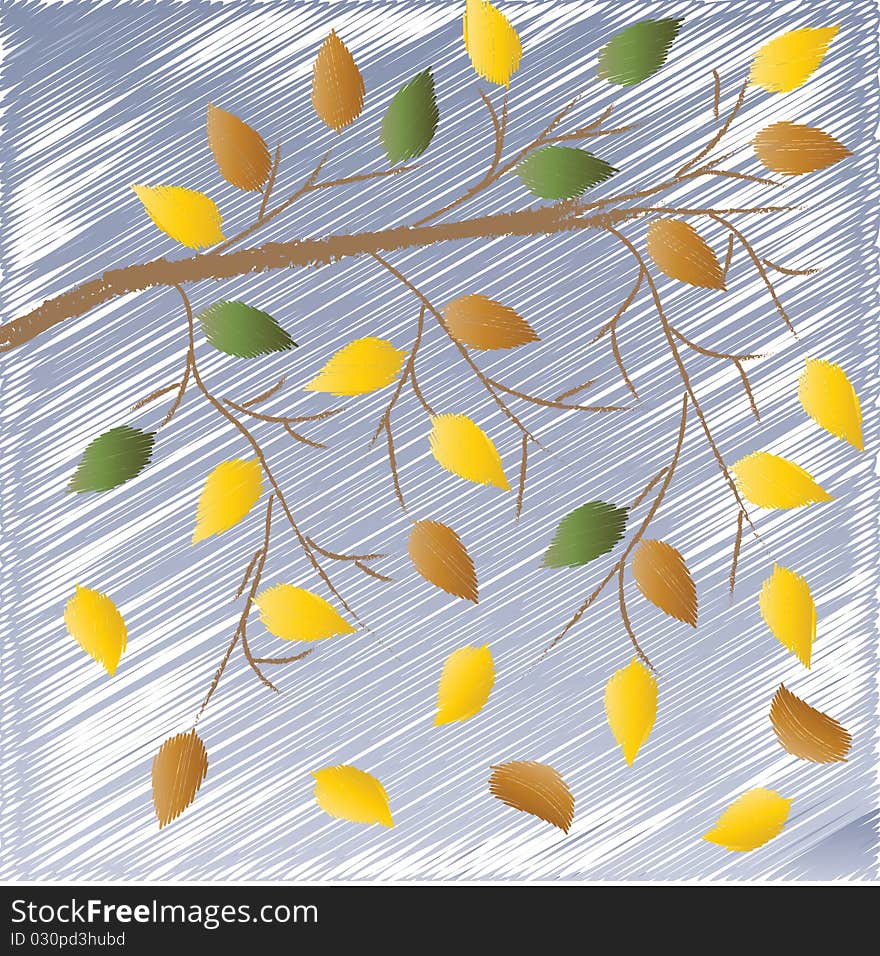 Branch with leaves under an autumn rain. Vector illustration