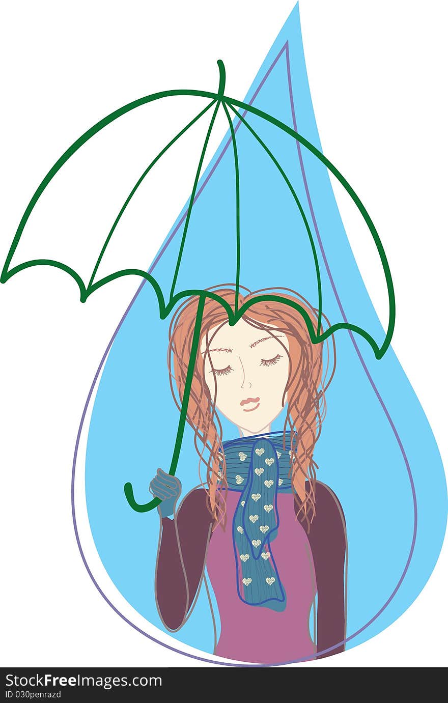 Cartoon girl with umbrella in drop