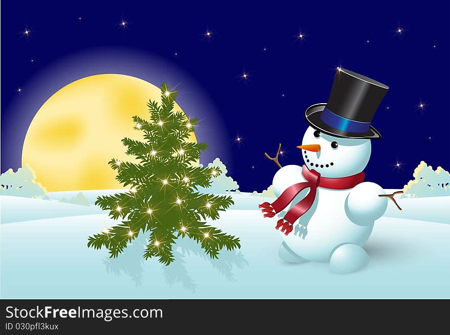 Illustration, new year's snowman in hat on blue background