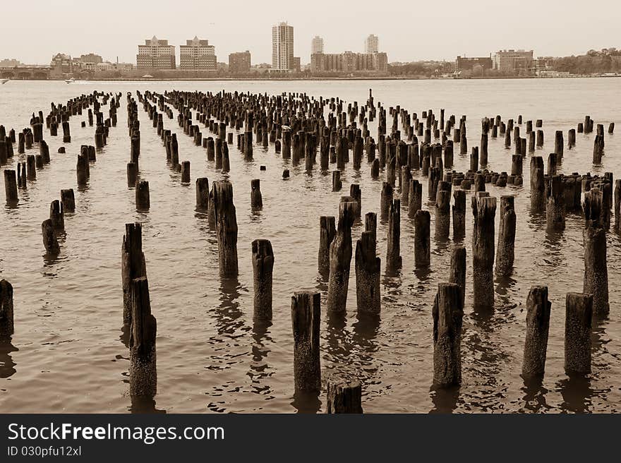 Old Pillars in the Hudson River. Old Pillars in the Hudson River