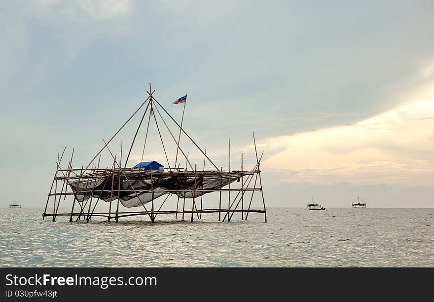 Traditional malay anchovy fishing construction in the sea