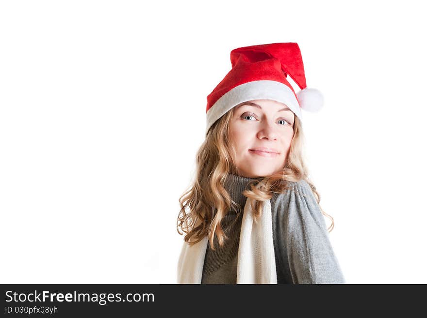 Portrait of a beautiful young woman in Santa hat (Isolated on white background)