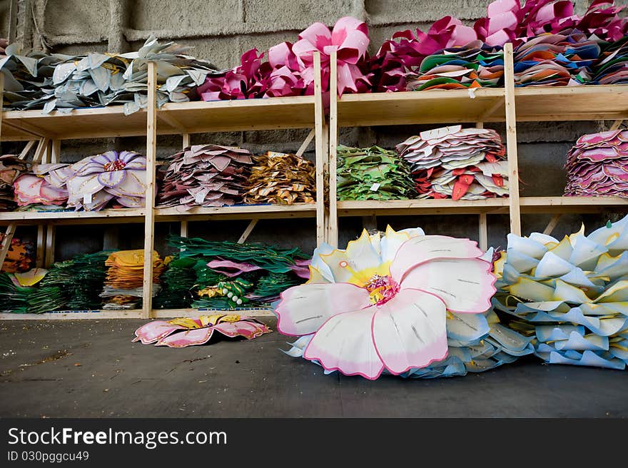 Paper Flowers shelved at Mardi Gras World. Paper Flowers shelved at Mardi Gras World