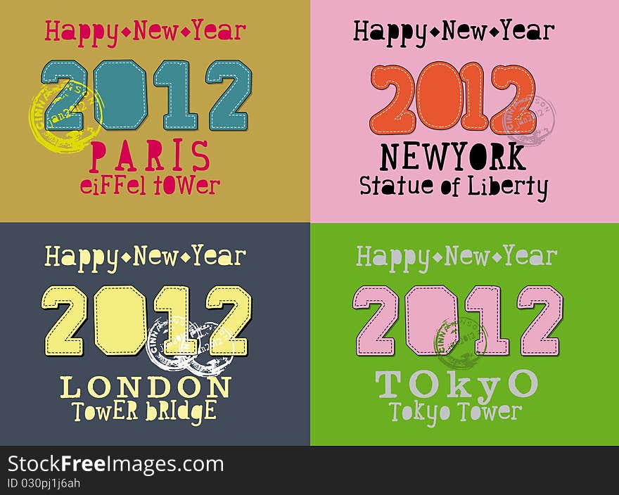 Vector happy new year 2012 paris NY london tokyo