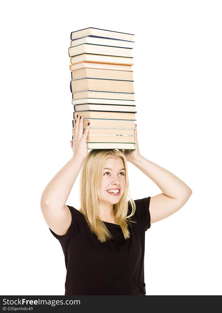 Woman with a pile of books on her head