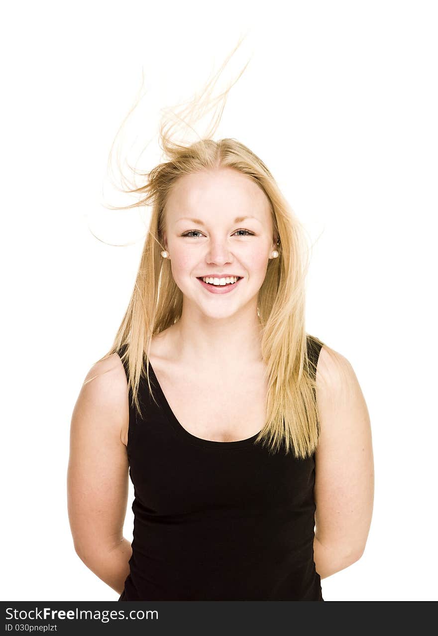 Girl with windy hair isolated on white background