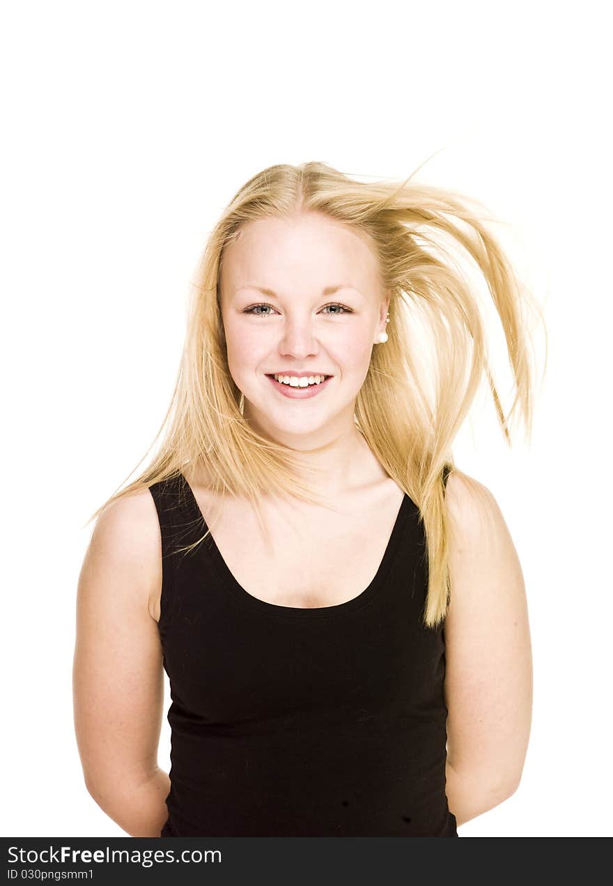 Girl with windy hair isolated on white background