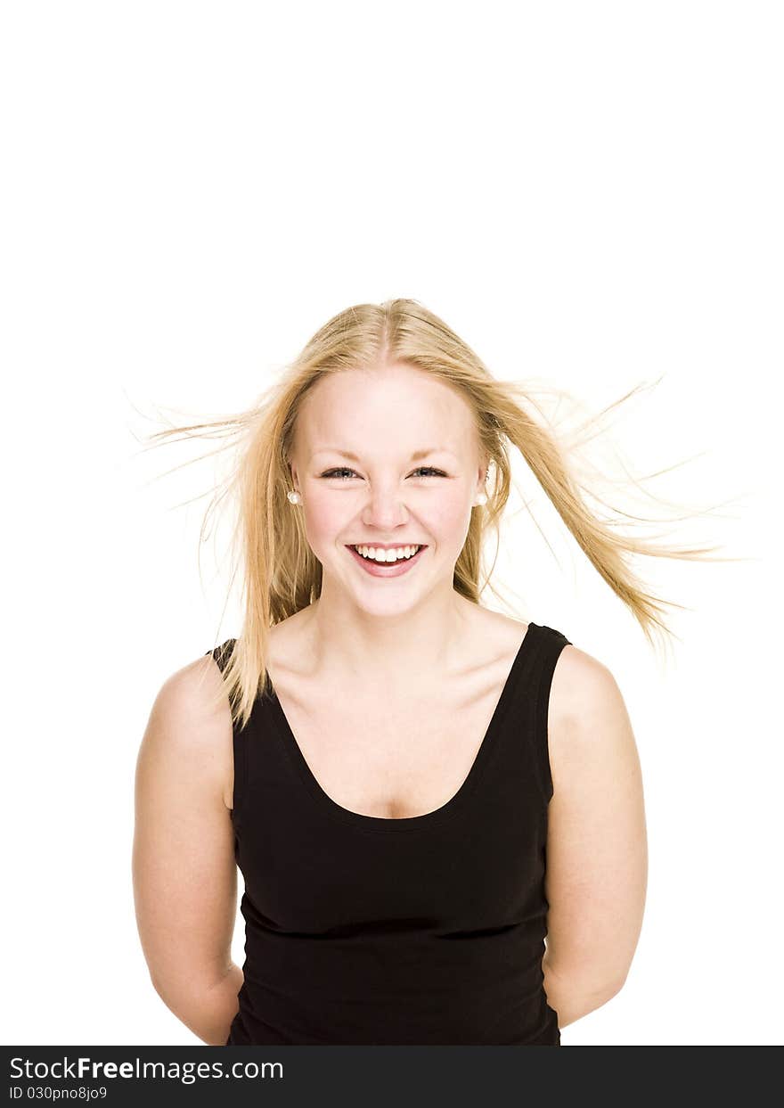 Girl with windy hair isolated on white background