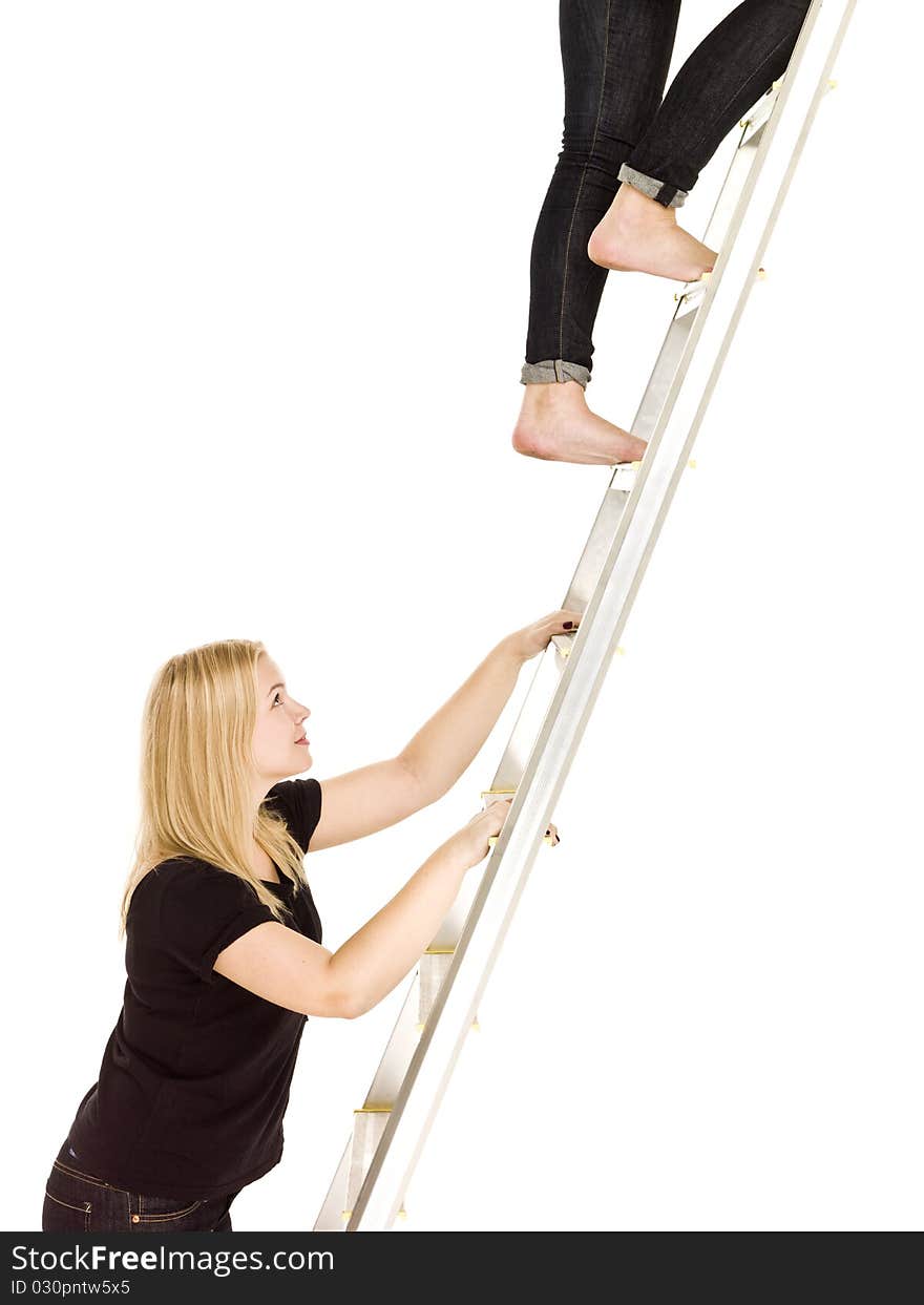 Women climbing up the ladder isolated on white background